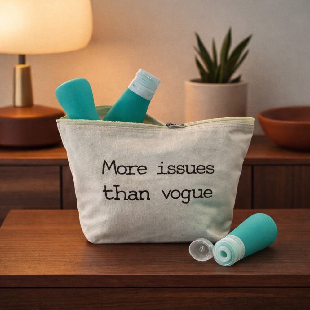 Funny Cosmetic Bag Set More Issues Than Vogue w Travel Bottles NEW